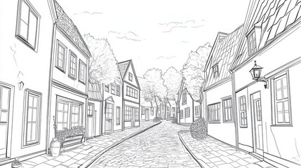 Obraz premium Cozy Sketch of a Charming Street in a Quaint Village Setting