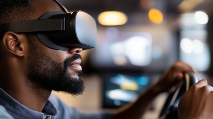 A man engaged in a car simulation, wearing virtual reality glasses, fully focused while gripping the steering wheel in a driving school setting