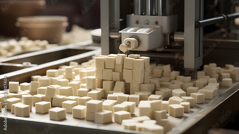Poster an image showcasing the automated processing of raw soybeans into tofu blocks within an industrial m