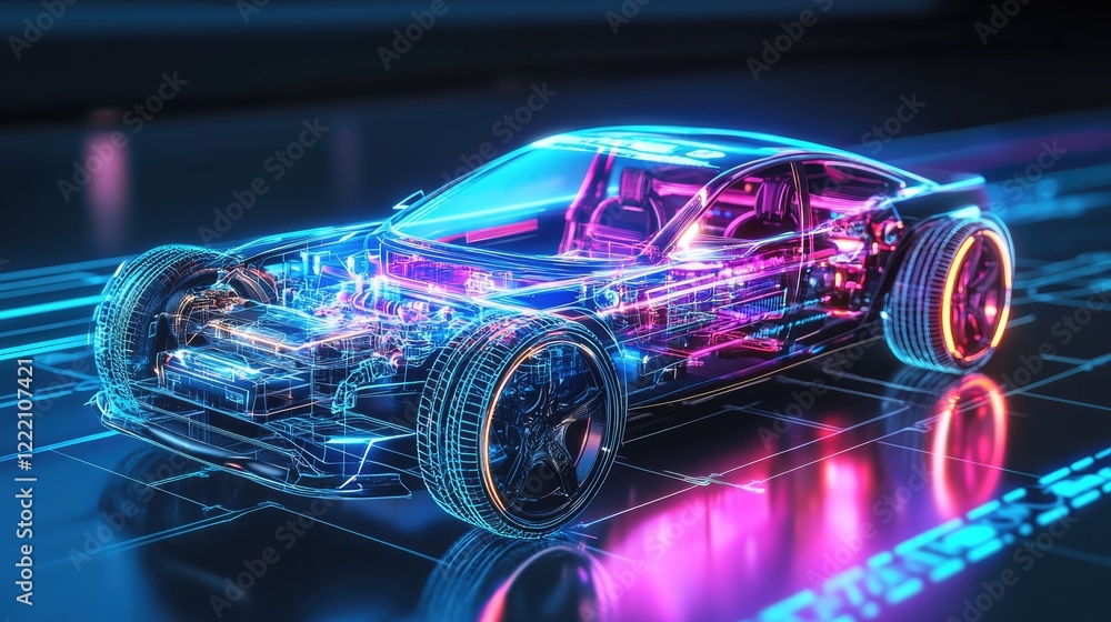 Poster futuristic electric vehicle speeding around a glowing circuit, with neon lighting and digital hologr