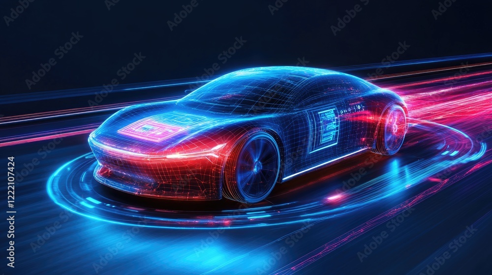 Poster Futuristic electric vehicle speeding around a glowing circuit, with neon lighting and digital holograms displaying vehicle stats, emphasizing innovation and speed