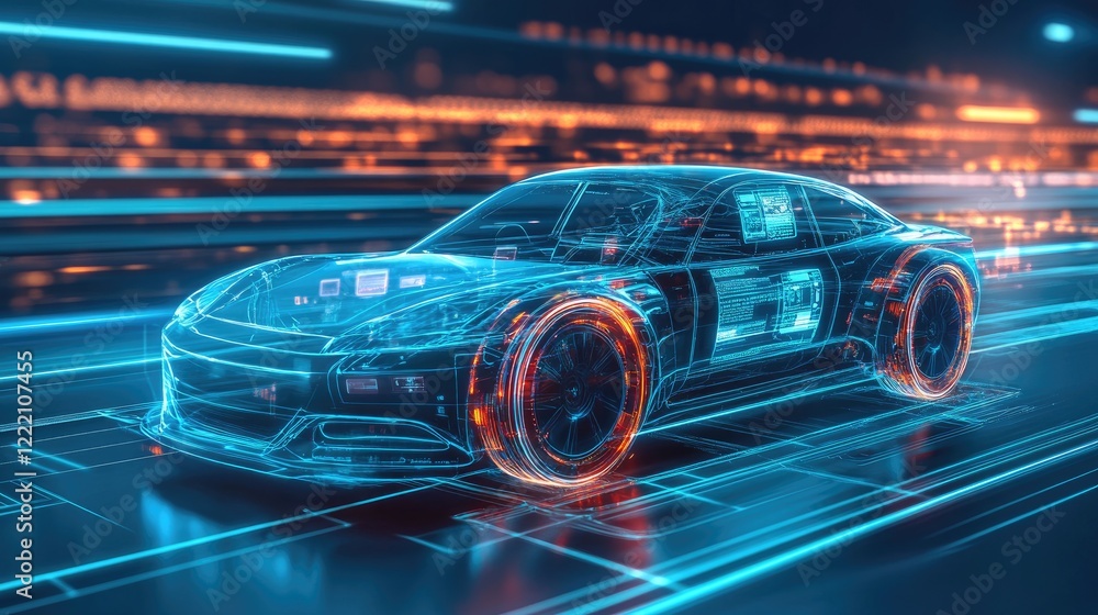Poster futuristic electric vehicle speeding around a glowing circuit, with neon lighting and digital hologr