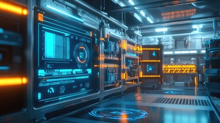 Fototapeta premium Futuristic battery cooling system displayed on a digital interface, set in a high-tech lab with neon lighting emphasizing innovation and design