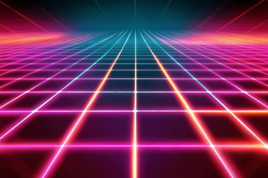 Vibrant Neon Landscape in Grid Pattern with Gradient Background