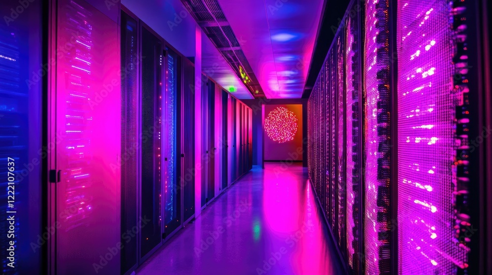 Aufkleber Glowing server racks in a data center, emphasizing cybersecurity operations. The right side is left empty for customized text or graphic overlays