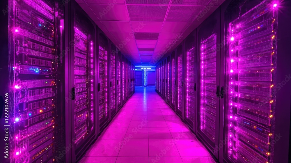 Poster Glowing server racks in a data center, emphasizing cybersecurity operations. The right side is left empty for customized text or graphic overlays