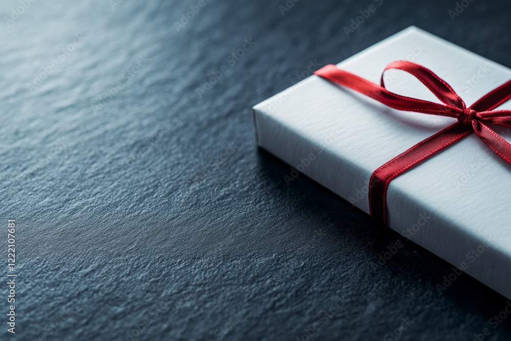 Poster a minimal white gift box elegantly tied with a red satin ribbon is displayed against a smooth charco