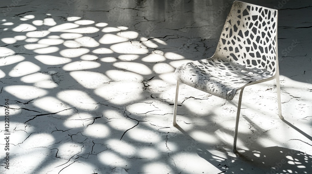 Poster Geometric shadows created by sunlight on a cracked white and grey surface, casting intricate patterns from a metallic chair, ideal for minimalistic or modern design projects