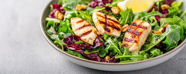 Weight loss foods idea. A fresh green salad topped with grilled chicken and garnished with lemon.