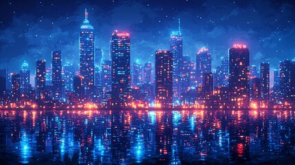 Fototapeta premium Night city with bright neon lights and reflections. Generative AI