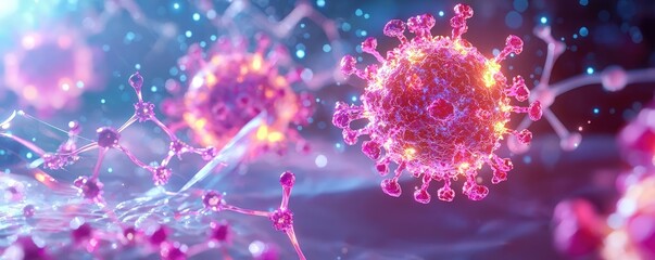 Virus microbe mutation concept. A cluster of glowing mutated viruses surrounded by fragments of molecular structures