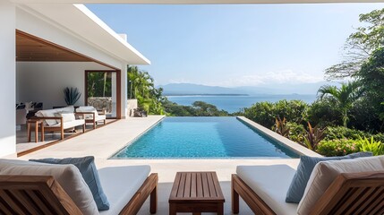 Fototapeta premium Luxurious modern villa with panoramic ocean views sleek interior design and a private infinity pool surrounded by lush tropical landscaping offering a high end getaway experience