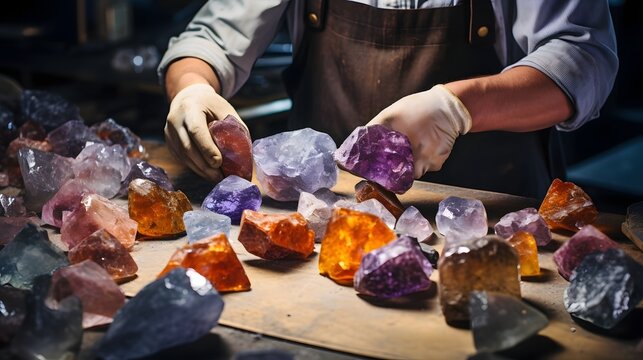 Raw mineral materials being processed and crafted into shimmering gemstones in a professional lapidary workshop  Lapidary equipment tools and machinery used for cutting polishing