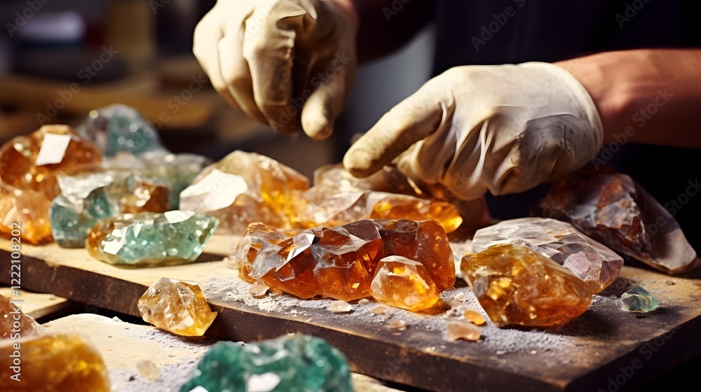 Poster raw minerals being expertly transformed into beautiful sparkling gemstones through the intricate pro