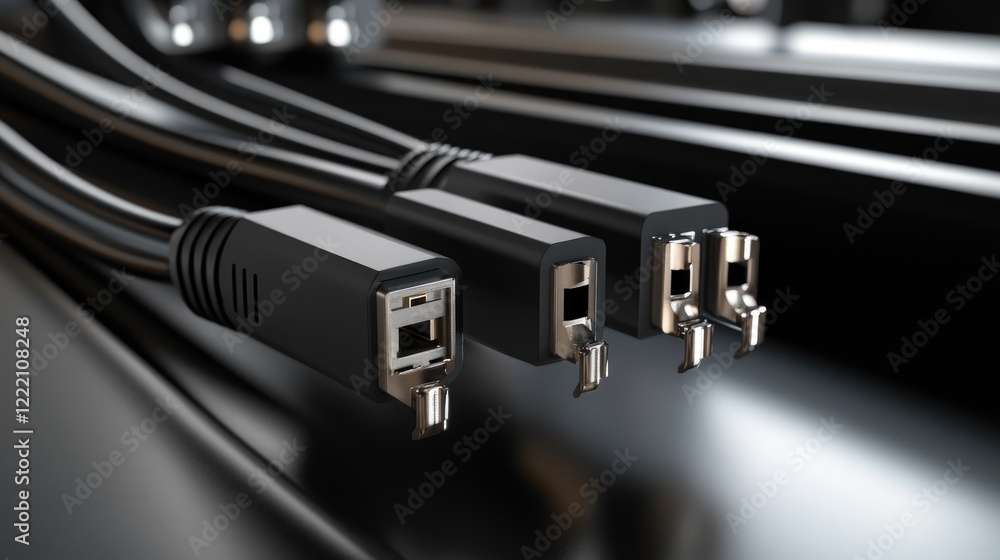 Poster High-performance fiber optic MTP (MPO) pigtail and patchcord connectors, neatly displayed in a modern tech environment for optimized network solutions