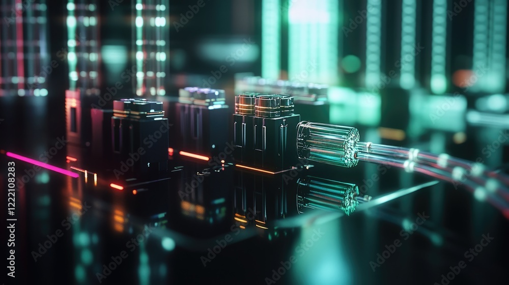 Poster high-performance fiber optic mtp (mpo) pigtail and patchcord connectors, neatly displayed in a moder