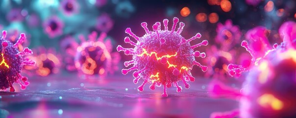 Virus microbe mutation concept. A virus under UV light showing glowing mutations spreading across its surface