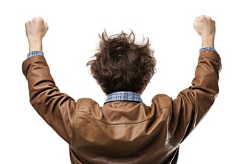 Young man cheering open arms adult back white background.