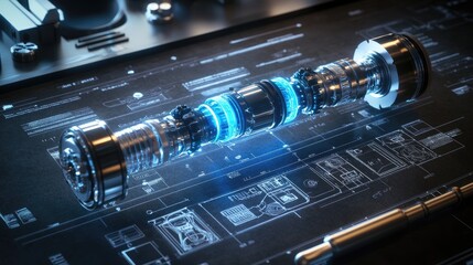 Holographic conceptual model of an electric sport car suspension system, with a glowing interface and blueprint, showcasing technological innovation in vehicle engineering