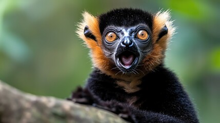 Fototapeta premium Surprised ruffed lemur with wide eyes and open mouth sits on a tree branch in the Madagascar rainforest.
