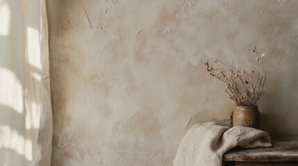 Textured wallpaper resembling hand-applied plaster with gentle cracks and soft beige hues