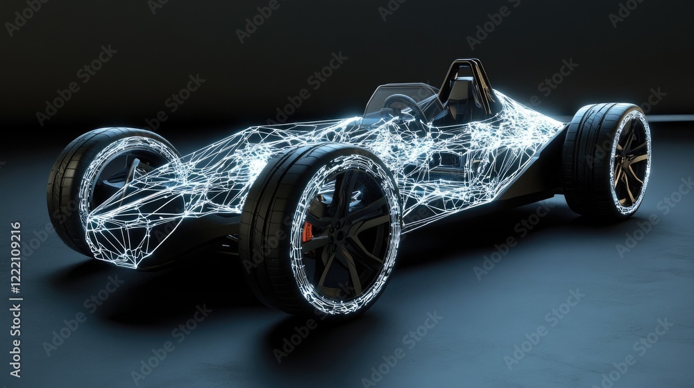 Poster Lightweight chassis of an electric vehicle, enhanced by a dynamic holographic display showing real-time performance and engineering stress analysis
