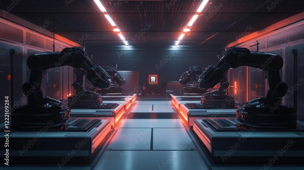 Poster manufacturing facility with robotic arms assembling battery cell housing systems, featuring ambient 