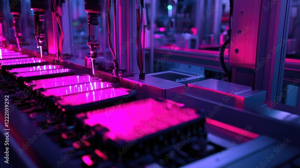 Poster manufacturing facility with robotic arms assembling battery cell housing systems, featuring ambient 