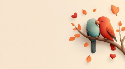 of a pair of cute lovebirds perched together on a heart shaped tree branch in a minimal flat design style  The image conveys a sense of romance affection and love