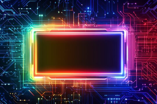 Colorful Neon Frame Over Abstract Circuit Background for Technology