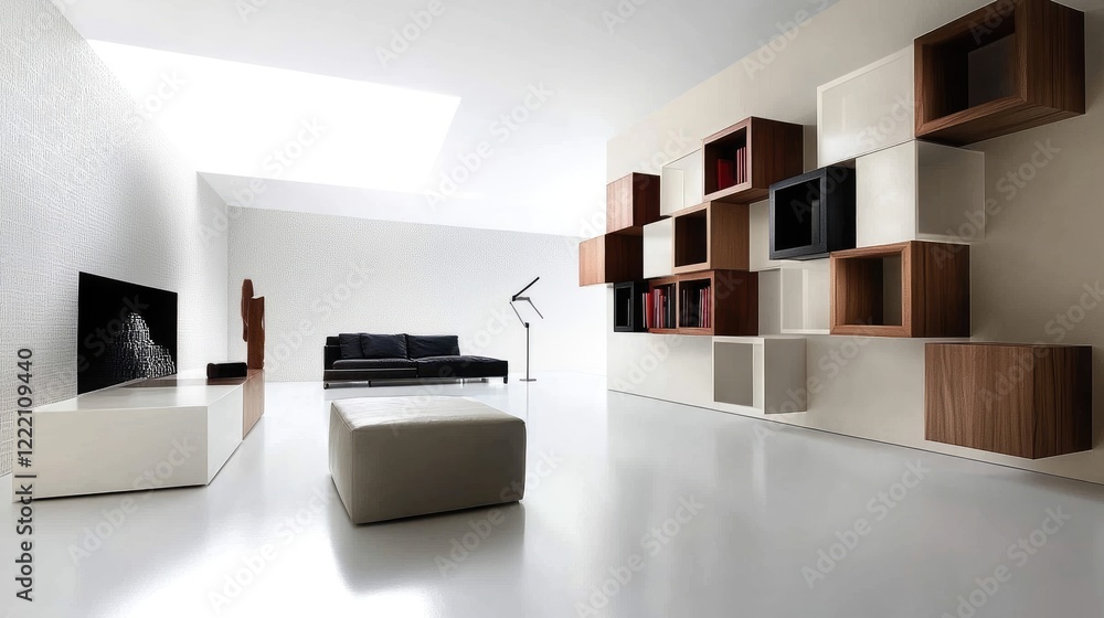 Poster modern cube storage system in a minimalist living room, with uncluttered wall space ideal for copy o