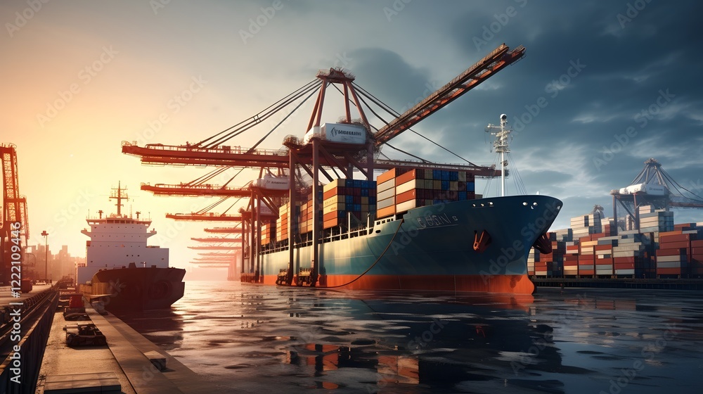 Poster aerial view of a cargo ship loading and unloading containers in a bustling harbor with a cityscape s