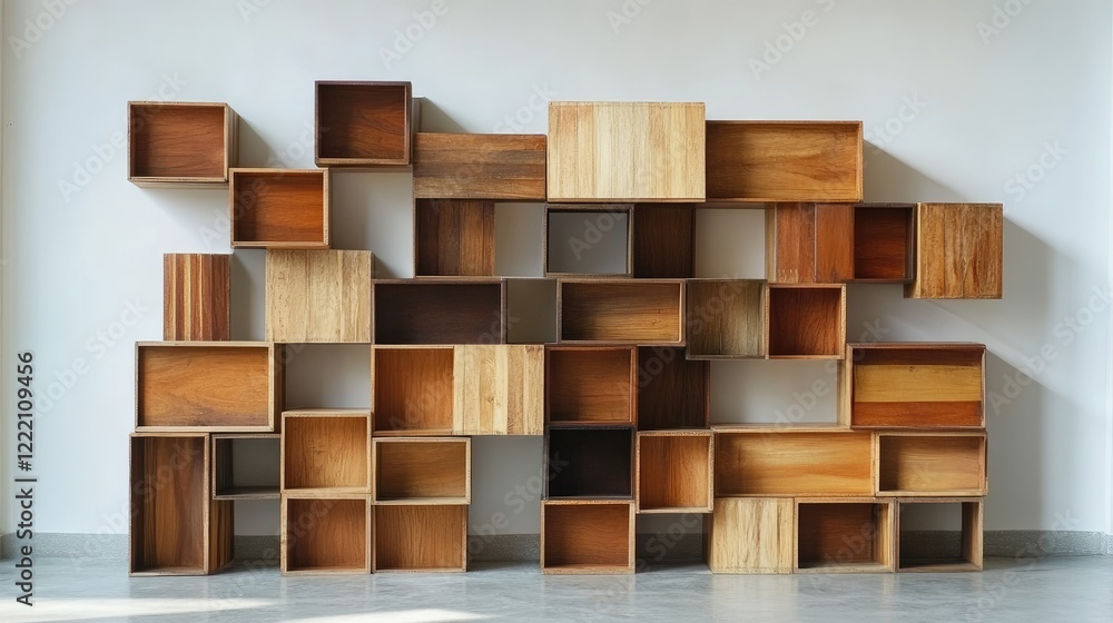 Poster Modern cube storage system in a minimalist living room, with uncluttered wall space ideal for copy or design focus, enhancing functionality and style