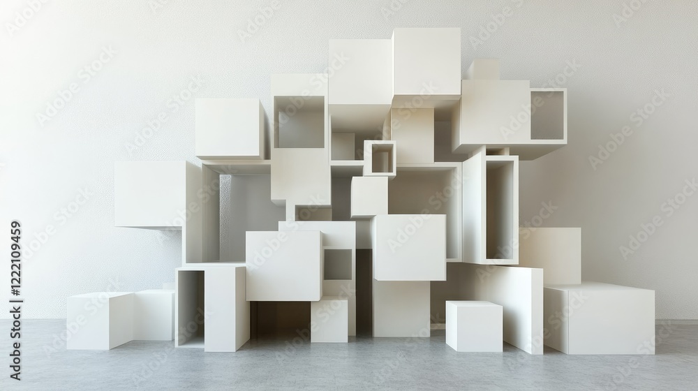 Poster modern cube storage system in a minimalist living room, with uncluttered wall space ideal for copy o