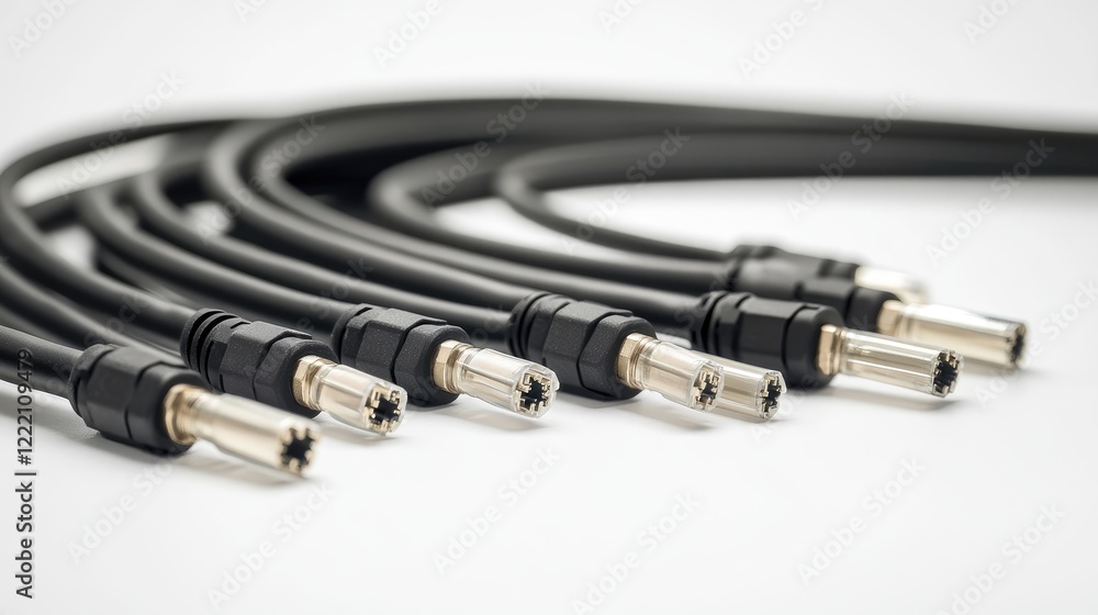 Poster Neatly arranged MTP (MPO) pigtail and patchcord fiber optic connectors, showcasing high-performance networking solutions in a professional tech setting