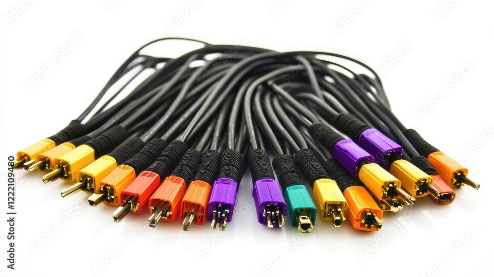 Poster neatly arranged mtp (mpo) pigtail and patchcord fiber optic connectors, showcasing high-performance 