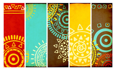 Set of eye-catching vertical or horizontal banner, background, flyer, placard with ethnic ornaments...