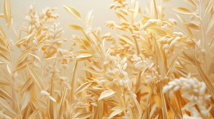 3D realistic golden rice grains in a field.