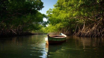 Obraz premium A small wooden boat floating peacefully near a lush mangrove forest in the calm reflective waters of a tropical coastline or estuary The serene