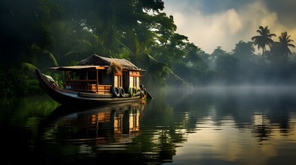 Fototapeta premium Houseboat Peacefully Floating on a Calm and Scenic Backwater River Surrounded by Lush Greenery and Peaceful Atmosphere Ideal for Connecting with Nature