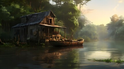 Fototapeta premium A houseboat gently floating on a serene backwater river surrounded by lush vegetation and a calm reflective surface in a peaceful rural landscape