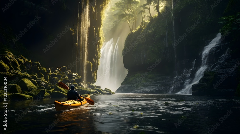 Poster a kayak gently floating on the tranquil waters near a cascading waterfall in the heart of a lush ver