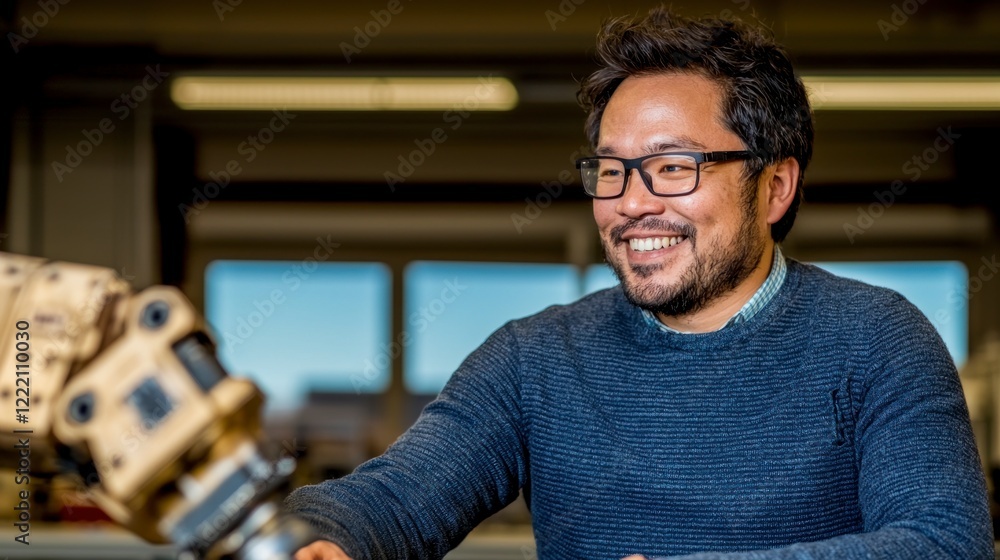 Aufkleber smiling engineer inspecting robotic arm in factory