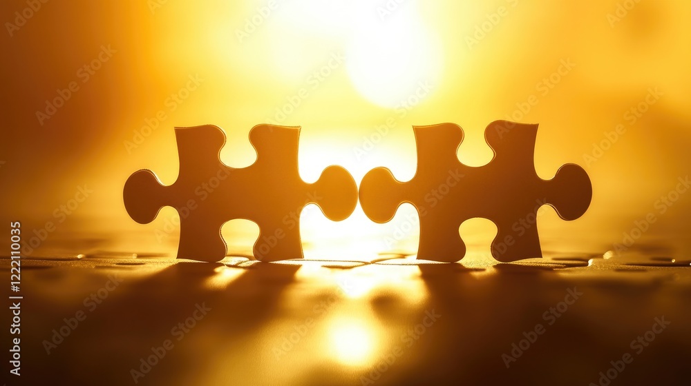 Poster puzzle pieces being connected on a yellow background, representing a solution, business strategy, an