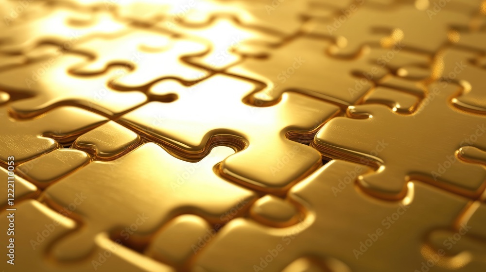 Poster puzzle pieces being connected on a yellow background, representing a solution, business strategy, an