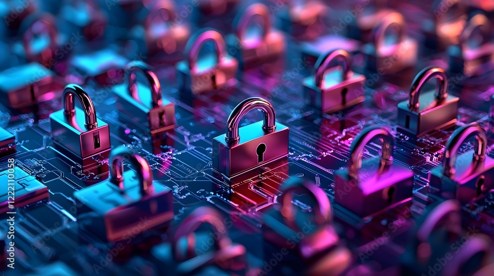 Poster radiant digital lock network for cyber risk mitigation 3d of a futuristic cybersecurity system featu