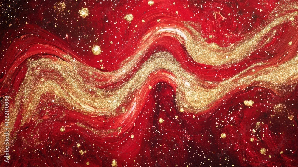 Poster red liquid with shimmering golden sparkles swirling in a mesmerizing pattern, evoking a cosmic, magi