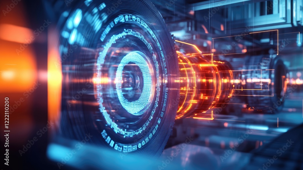 Poster Research lab featuring a digital display with a 3D holographic model of an efficient energy storage system, emphasizing progress in clean energy technology