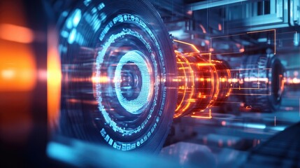 Obraz premium Research lab featuring a digital display with a 3D holographic model of an efficient energy storage system, emphasizing progress in clean energy technology