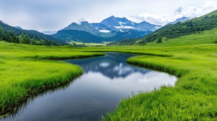 Obraz premium Serene mountain valley river reflection; peaceful landscape